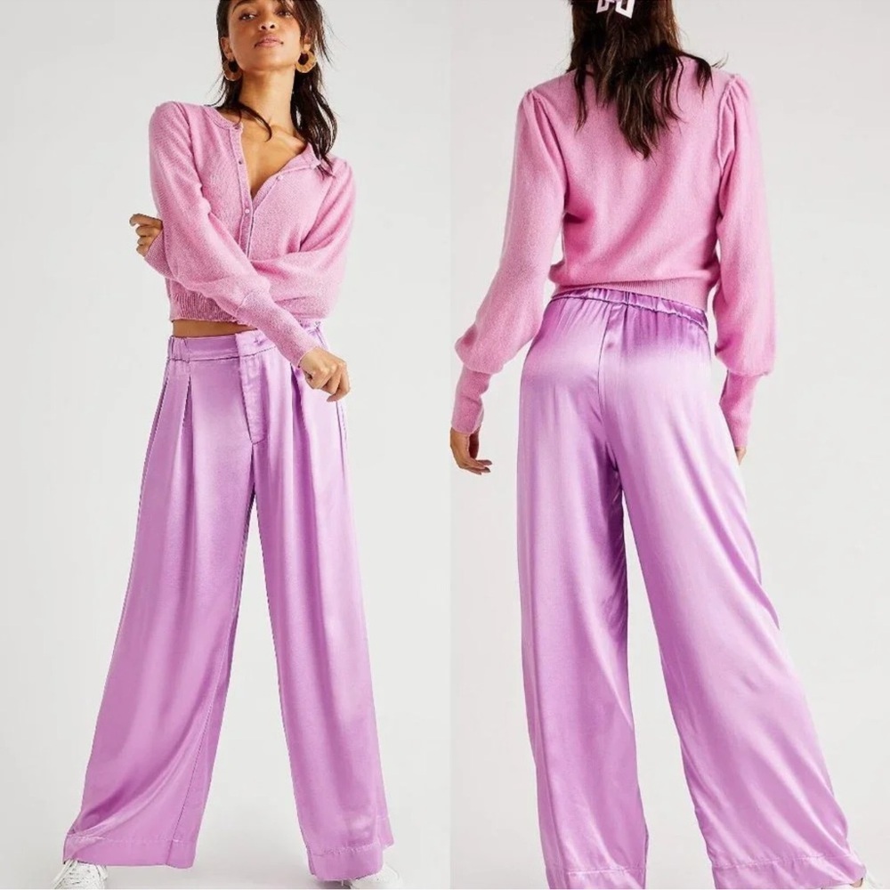 Free People Good Days Satin Trousers Pants Size XL Wide Leg Relaxed Fit Pleated